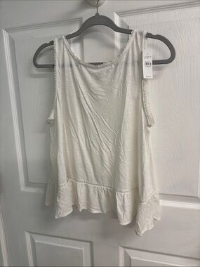 LOFT Cream Lace-Trim Ruffle Hem Tank Top